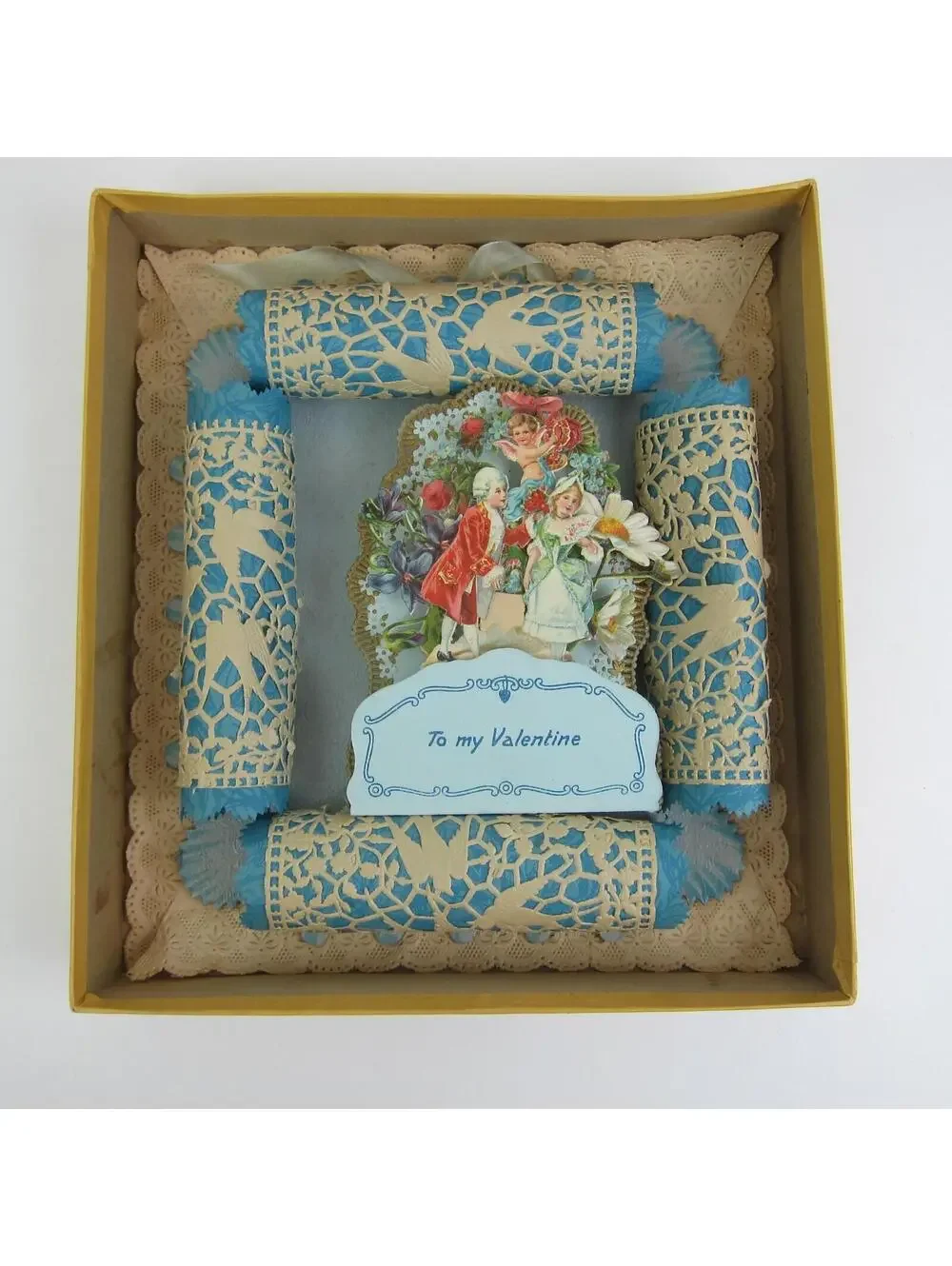 Antique Valentine 3D LARGE Store Box Cupid Boy Girl Blue Flowers Honeycomb RARE